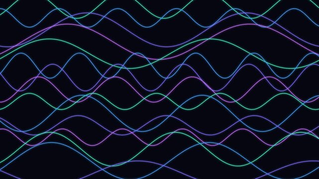 Abstract neon wave motion background, pulsing digital sine waves in purple and cyan, smooth flowing audio spectrum animation for tech projects