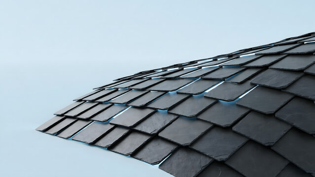 A curved, dome-like section of dark gray, rectangular slate tiles overlapping in a precise, rhythmic pattern against a plain, light-blue background