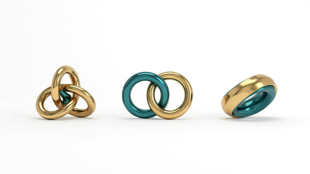 Three metallic interlocking ring sculptures in gold and teal colors on a white background