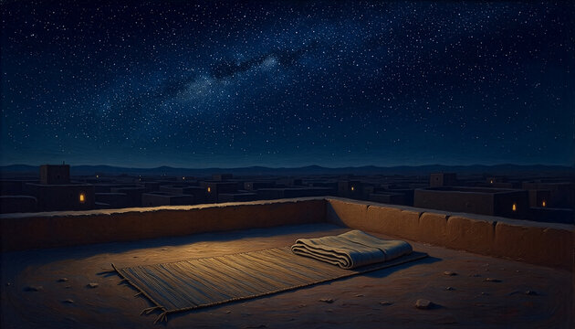 Bedroll on a mud brick rooftop under a starry desert sky