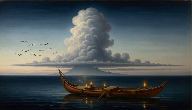 Outrigger canoe with lamps on a calm sea before a tall cloud at dawn