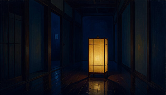 Paper floor lamp glowing in a dark wooden corridor of an old inn