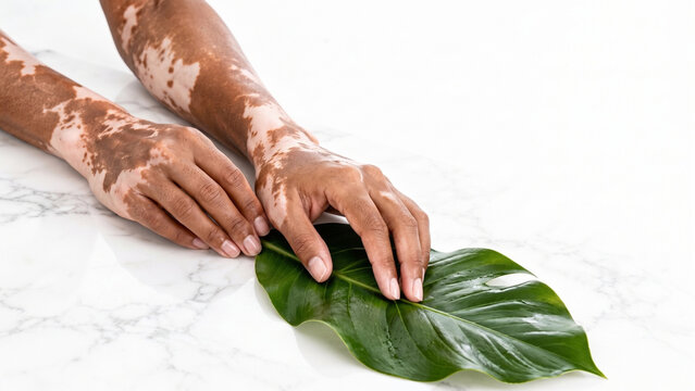 Hands with vitiligo touching a green leaf
