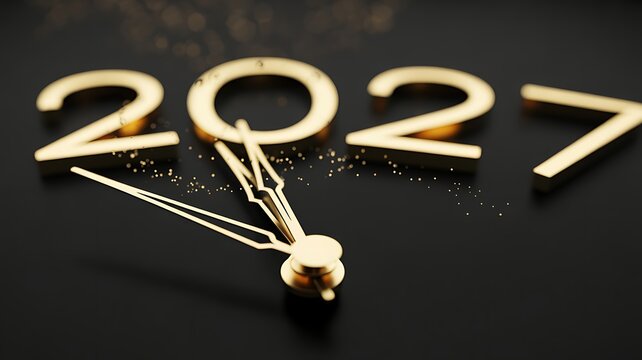 Gold numbers 2027 with clock hands representing the countdown to the upcoming new year on black background
