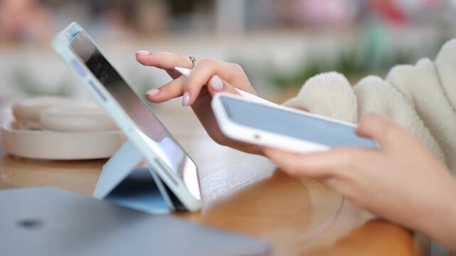 Person holds stylus near tablet, fingers poised to draw or write. Second frame shows hand hovering over device screen. Third frame shows hand on laptop keyboard