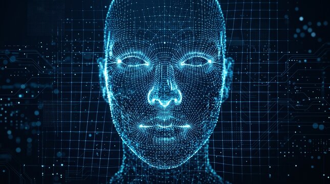 Digital human face rendered as a glowing blue wireframe mesh for advanced technology concepts