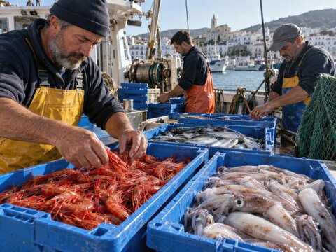 Spanische Fischer sortieren fangfrische Garnelen, Tintenfische und Fische in Kisten an Bord. Authentische Fischerei im Hafen mit frischen Meeresfr&uuml;chten direkt vom Meer.