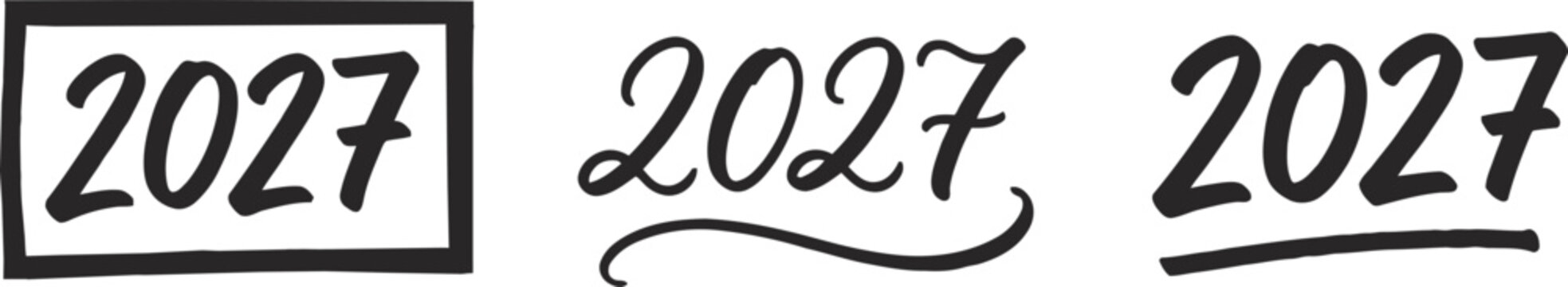 Handwritten 2027 year vector text set with framed box, cursive script, and underlined brush lettering styles
Black calligraphy typography graphics isolated on white background for New Year 2027 calend