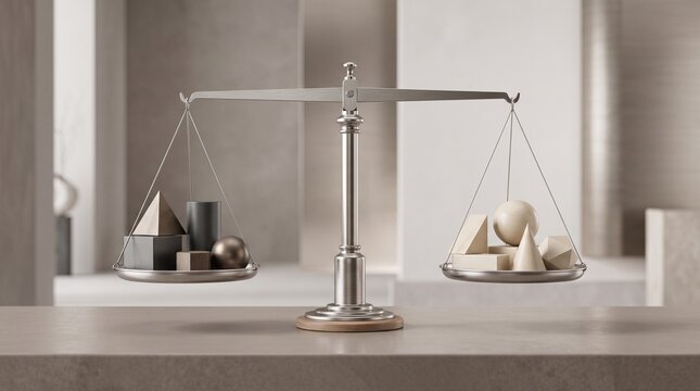 A balanced metal scale holding various geometric shapes on a minimalist architectural background