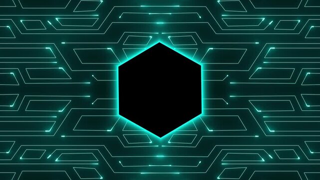 Hexagon frame animation glows on a futuristic digital circuit board. Motherboard computing telemetry coordinates guide hexagon frame. Modern sci-fi user interface displays use this frame.