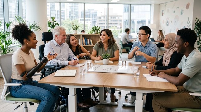 Diverse professional team collaborating in a modern office meeting with inclusive atmosphere