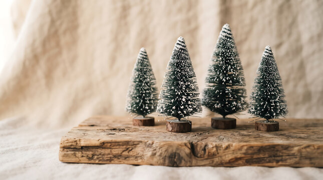 A charming display of miniature frosted christmas trees arranged on a rustic wooden slab