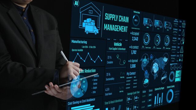 Engaging digital display showcasing data analysis in supply chain management, featuring key metrics, operational insights, and cost reduction strategies for business success. Cipher