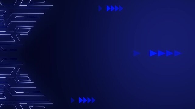 Forward arrows animation advances across digital circuit tracks on dark. Sequential user interface navigation telemetry routes on the arrows. Modern high tech directional guidance drives arrows.
