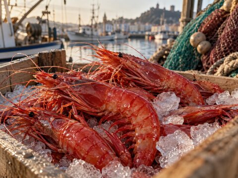 Gro&szlig;e rote Garnelen liegen fangfrisch auf Eis vor einem spanischen Fischerhafen. Detailreiche Nahaufnahme hochwertiger Meeresfr&uuml;chte direkt nach dem Fang.