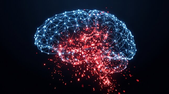 Digital brain model with glowing neural network nodes collapsing into red particle fragments