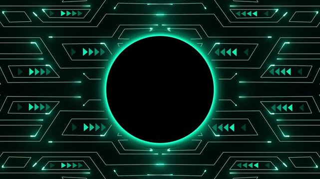 Circuit circle animation rotates with electronic motherboard tracks. High speed computing processor hardware powers the circuit circle. Modern digital telemetry coordinates guide this active circle.
