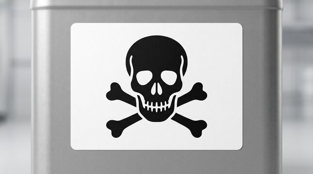 A black skull and crossbones poison hazard symbol printed on a white label on a metal container