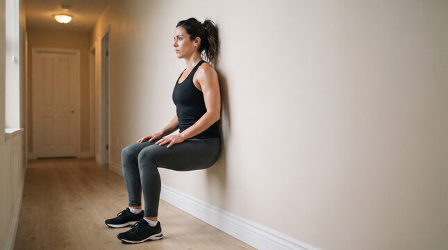 Woman doing a wall squat exercise in a hallway