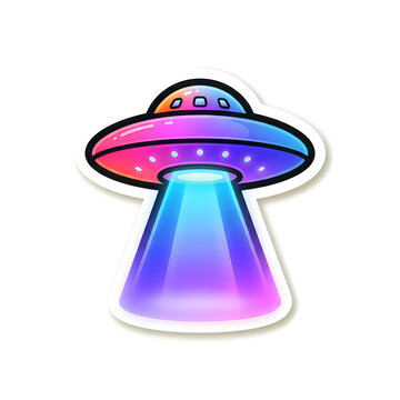 Colorful cartoon ufo sticker with vibrant light beam, playful alien spacecraft design for kids content.