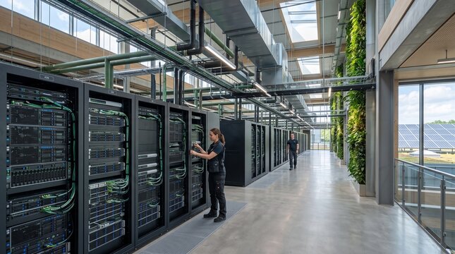 Modern sustainable data center facility with green vertical walls and solar energy integration