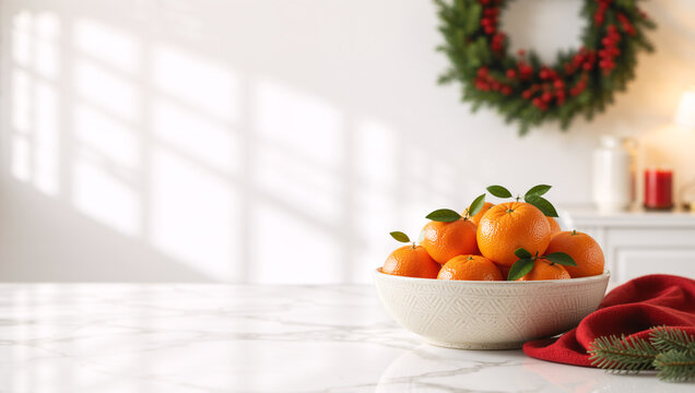Fresh tangerines in bowl on marble table with Christmas decorations. Holiday background with citrus fruits and copy space for text