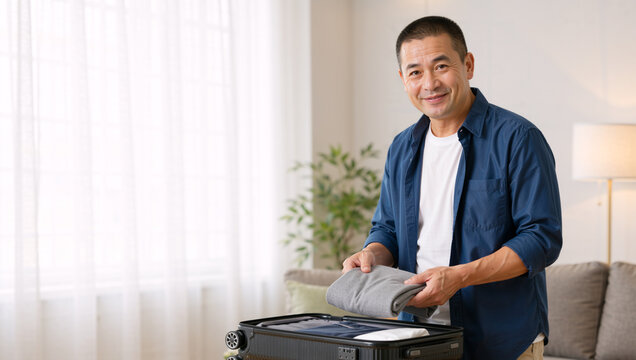 Smiling Asian man packing clothes into suitcase in living room. Happy middle aged male traveler preparing luggage for vacation trip