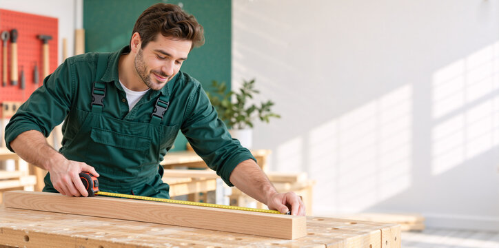 Smiling male carpenter measuring wood with tape measure in workshop. Young adult woodworker in green overalls working at workbench. Copy space for text