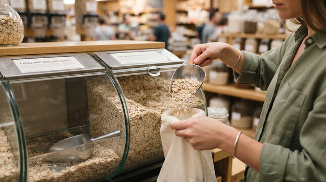 Woman scooping organic rolled oats from a bulk bin into a bag