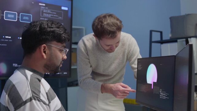 Software engineering use computer working develop AI office are assisting algorithm systems or verifying code. Programmer teamwork using artificial intelligence on laptop analysis or writing coding	