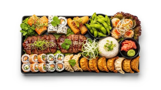 Delicious and varied Asian food platter with sushi rolls, gyoza dumplings, edamame, and grilled meat
