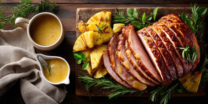 Sliced glazed ham with pineapple, aromatic rosemary, and savory sauce presented on a rustic wooden board, representing festive holiday meals and gourmet celebratory dining