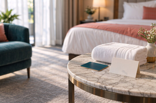 Blank welcome card and folded white towel on marble table in luxury hotel room. Hospitality and travel accommodation concept. Copy space for text