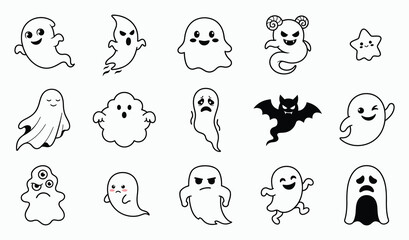 Fototapeta premium A collection of cute hand drawn spooky ghosts in a fun vector illustration set for halloween design projects