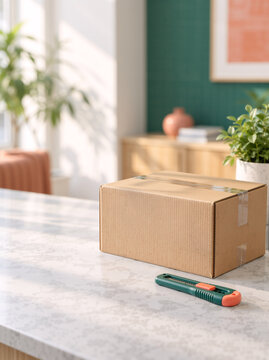 Closed brown cardboard box and utility knife on marble counter. Home delivery, shipping, and unboxing concept in modern interior. Copy space