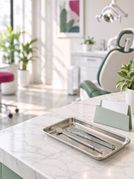 Dental instruments on stainless steel tray in modern clinic. Professional oral healthcare and dentistry concept. Copy space for text