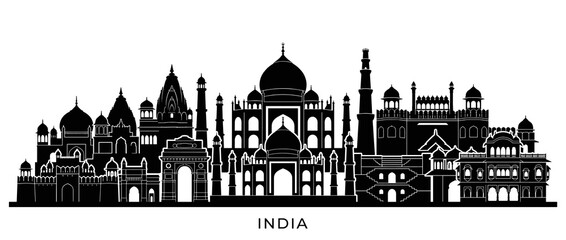 Fototapeta premium India Skyline Silhouette: Iconic Landmarks in Black and White