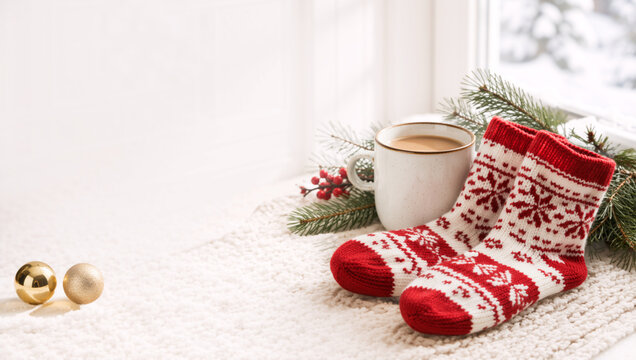 Cozy winter morning with hot drink and knitted socks. Red and white holiday composition near snowy window. Copy space for text