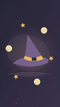 Chapeau de sorci&egrave;re flottant parmi des lunes et &eacute;toiles scintillantes
