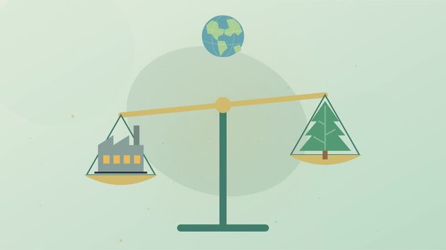 Transition climatique illustr&eacute;e entre usine, arbres et symboles de plan&egrave;te verte