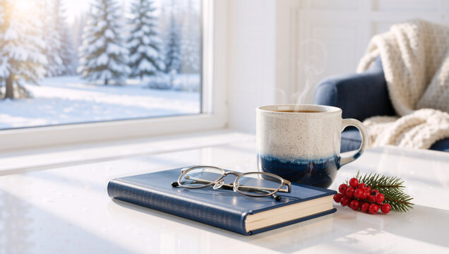 Steaming mug and closed book with reading glasses on table by window. Cozy winter morning indoors with snowy landscape view