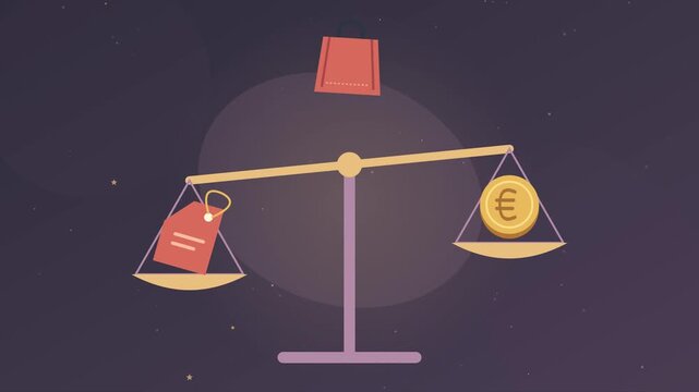 Balance de comparaison de prix avec sac de shopping, &eacute;tiquettes et pi&egrave;ces
