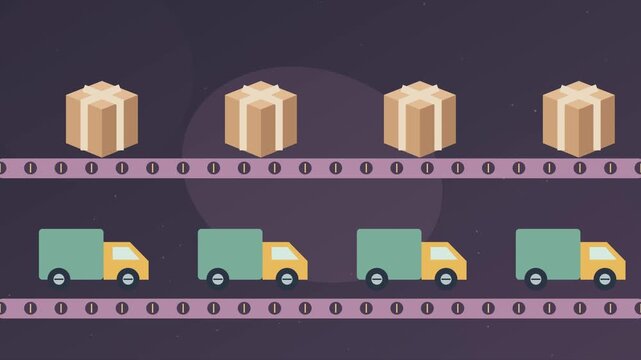 Colis de shopping avan&ccedil;ant sur un convoyeur de livraison vers un camion