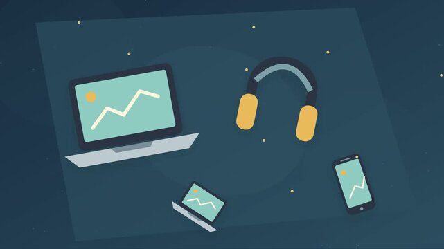 Ordinateur portable, casque audio et smartphone connect&eacute;s sur fond sombre