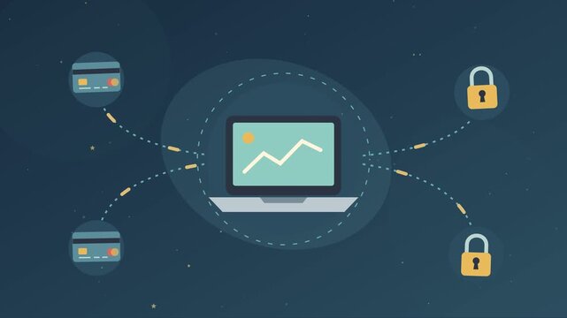 R&eacute;seau d&rsquo;achat num&eacute;rique avec ordinateur, carte de paiement et cadenas de s&eacute;curit&eacute;