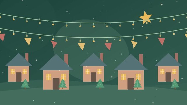 March&eacute; de No&euml;l avec chalets illumin&eacute;s, neige et cadeaux