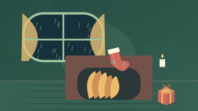 Chemin&eacute;e de No&euml;l chaleureuse avec chaussettes, bougies et cadeaux emball&eacute;s