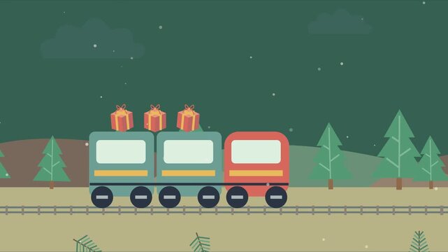 Train de No&euml;l transportant des cadeaux &agrave; travers un paysage enneig&eacute; de sapins