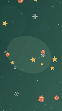 Cadeaux de No&euml;l, flocons et &eacute;toiles flottant sur un fond vertical festif