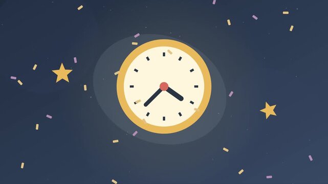 Horloge de minuit avec &eacute;toiles dor&eacute;es et confettis du Nouvel An